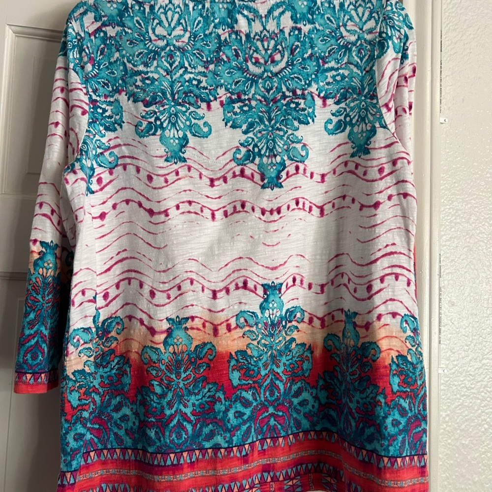 Chico's Teal and Pink Patterned Blouse